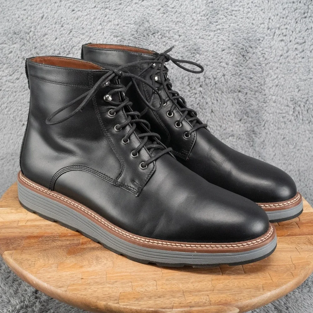 Johnston & Murphy Upton Lug Plain Toe Mens 11.5M Black Oiled Grain Leather Boots